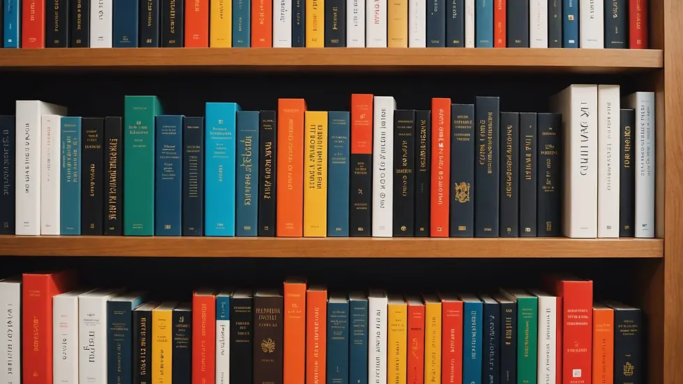 Close-up of a bookshelf with various books about personal development and skills