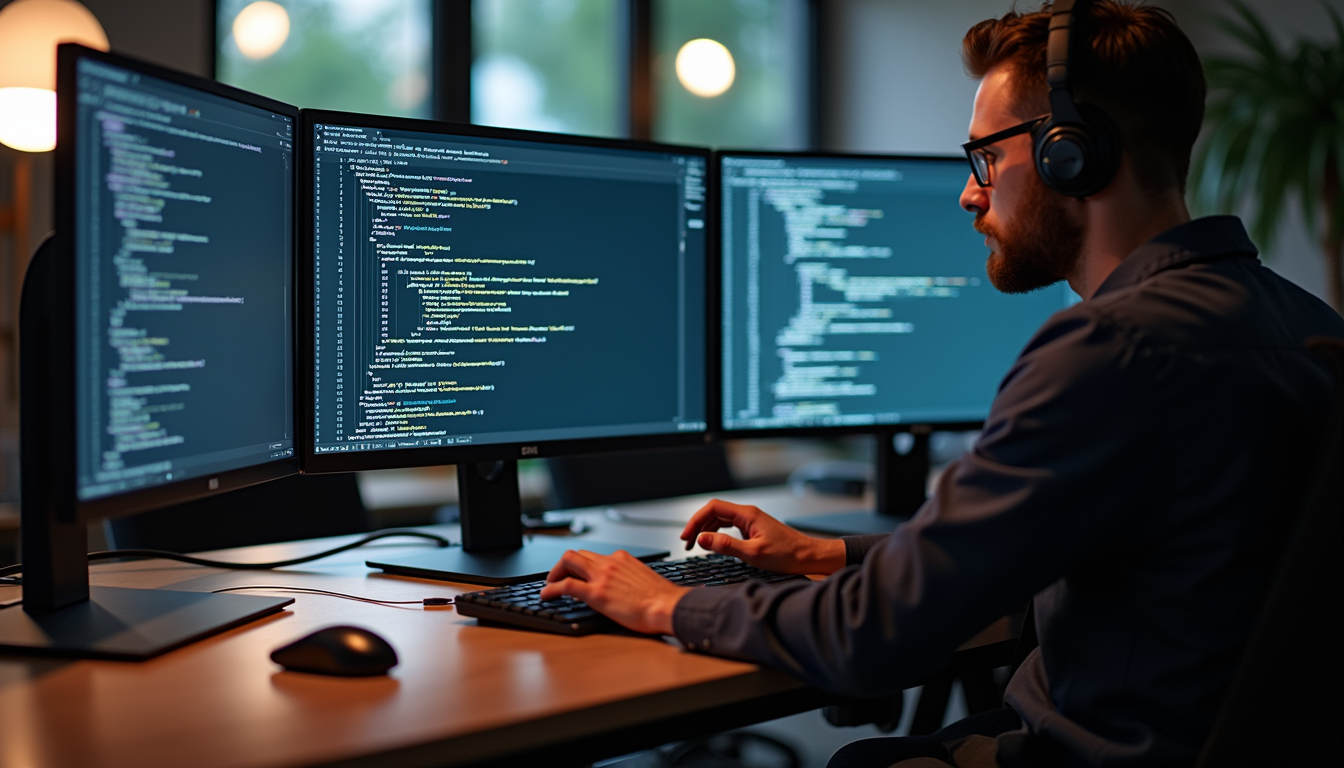 High angle view of a developer’s workspace with multiple screens showing code and website previews