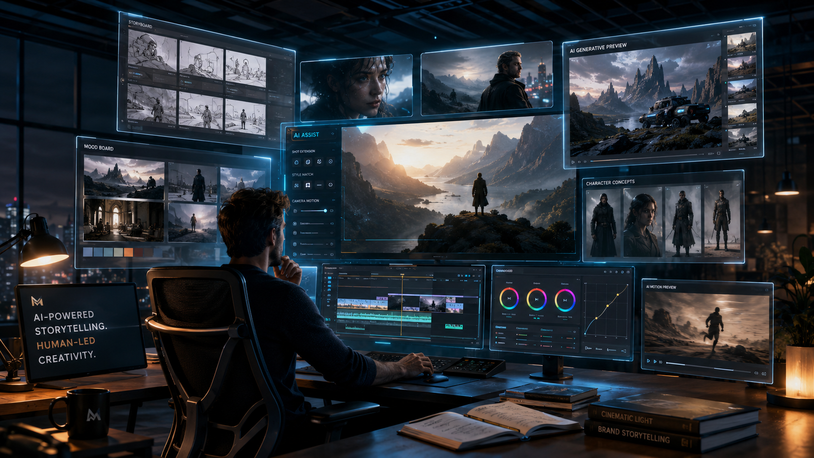 Cinematic AI video production workspace with glowing monitors and brand film content on screen