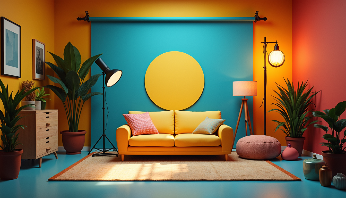 High angle view of a vibrant film set with colorful props