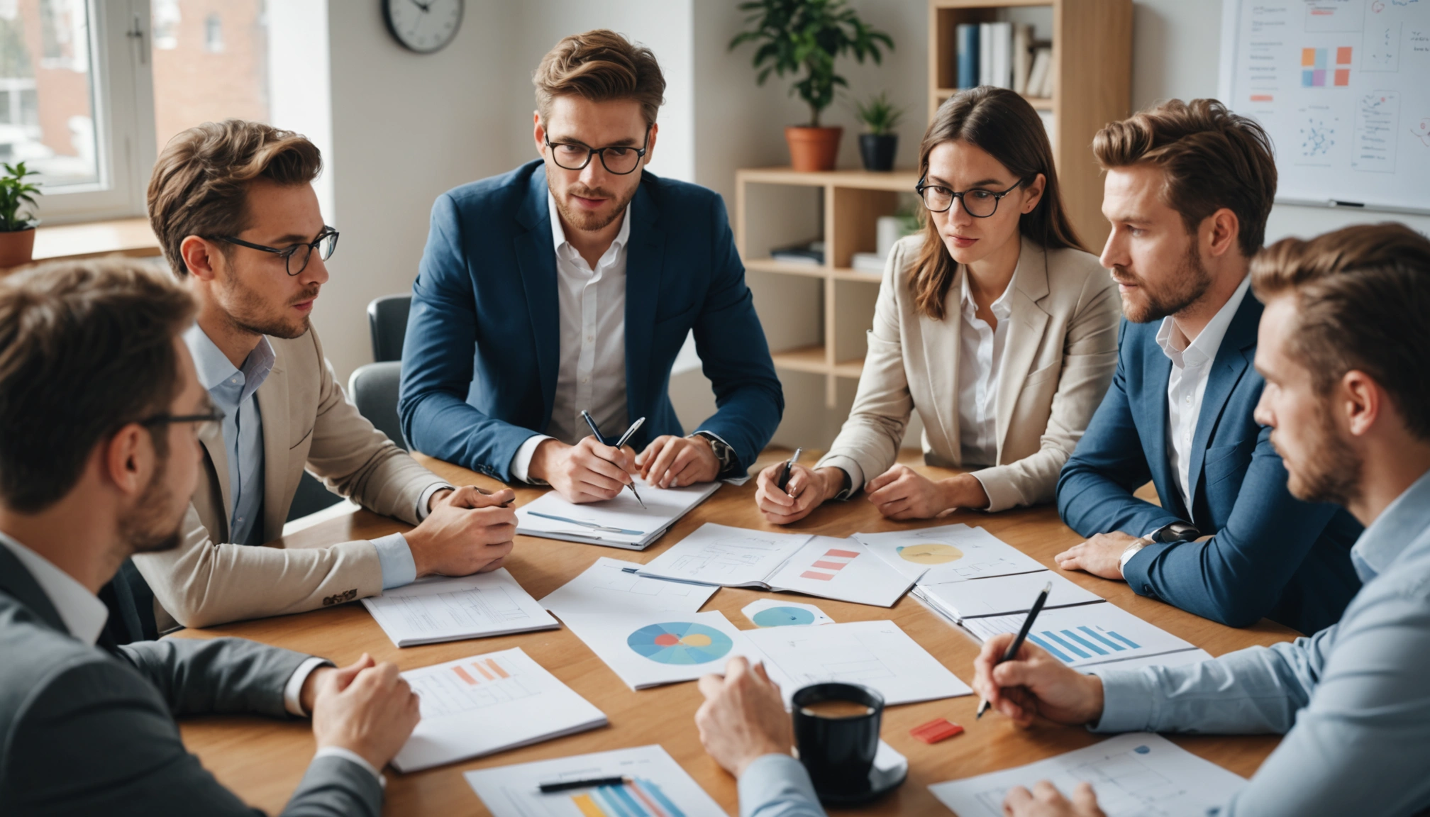 Eye-level view of a team in a brainstorming session