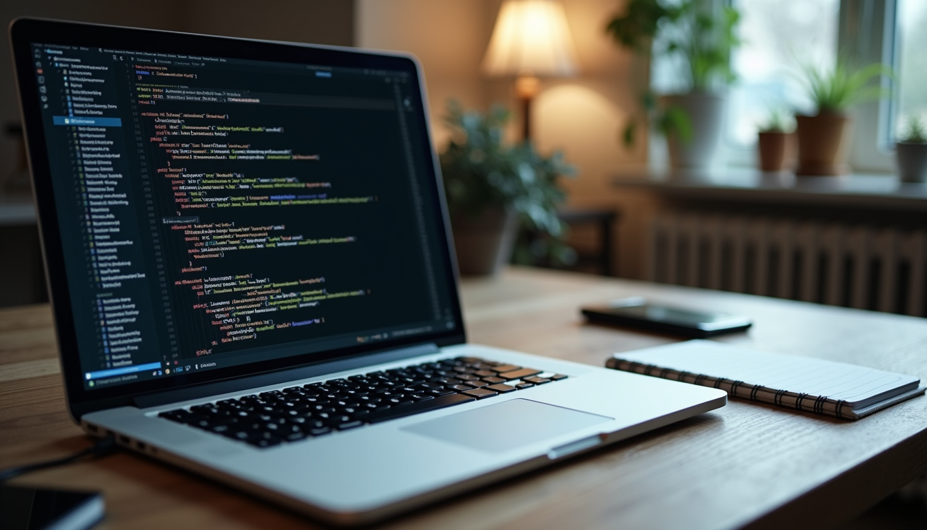 High angle view of a developer’s desk with code on a laptop screen and notes
