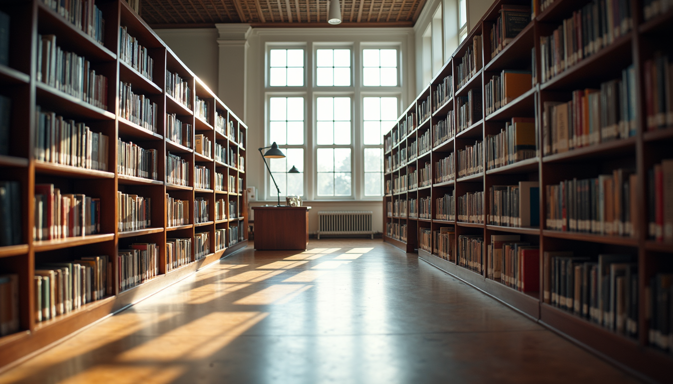 Eye-level view of a modern library filled with books