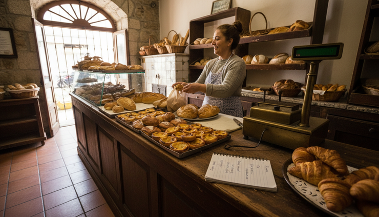 Wide-angle view of a small Portuguese bakery counter with a phrase notebook near the till