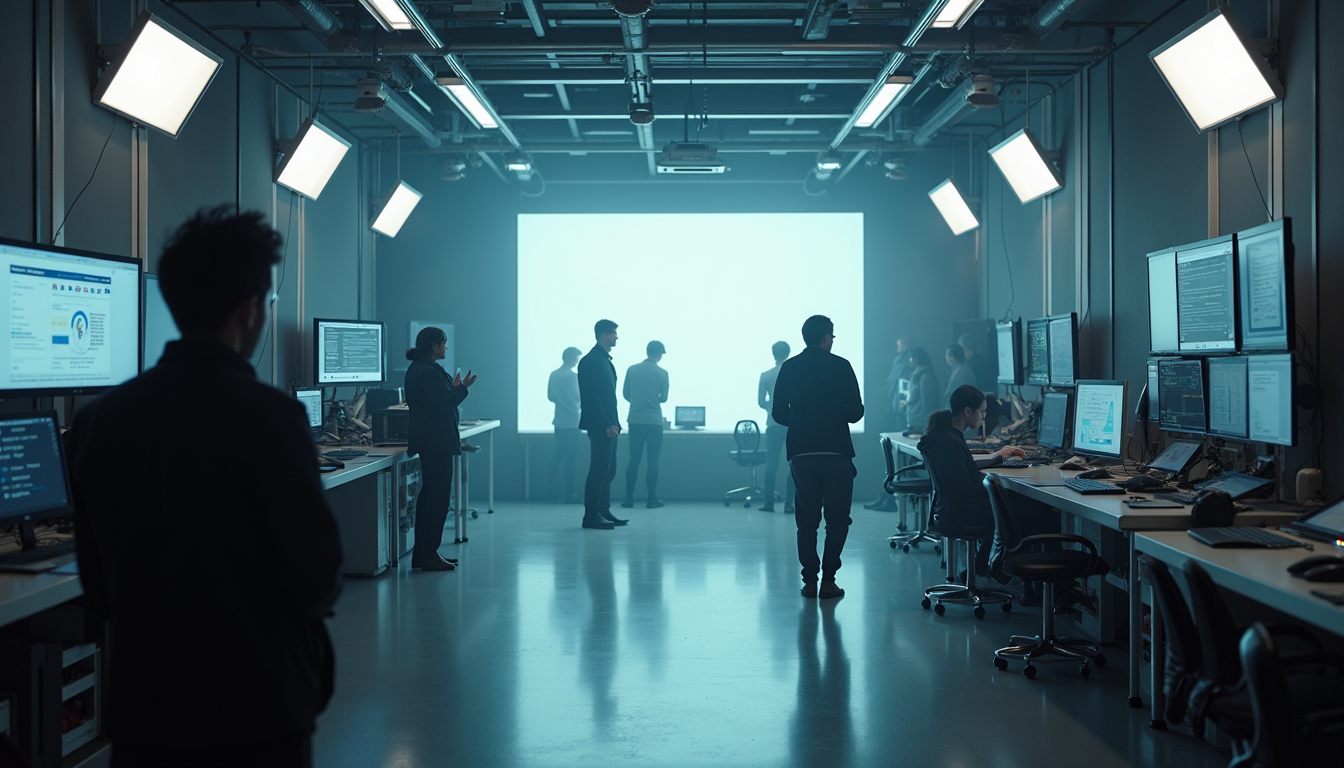 High angle view of a futuristic film studio with AI-driven equipment