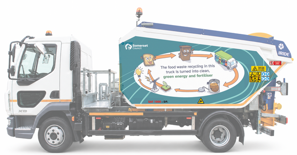 Design proof showing recreated operator safety stickers positioned over Somerset Council vehicle gra