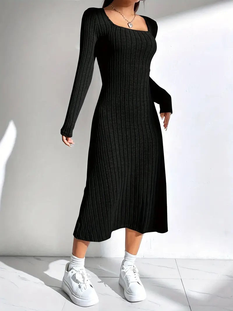 Long Sleeve Square Neckline Ribbed Sweater Dress