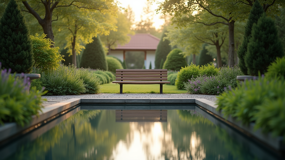 Eye-level view of a serene garden with a bench for reflection