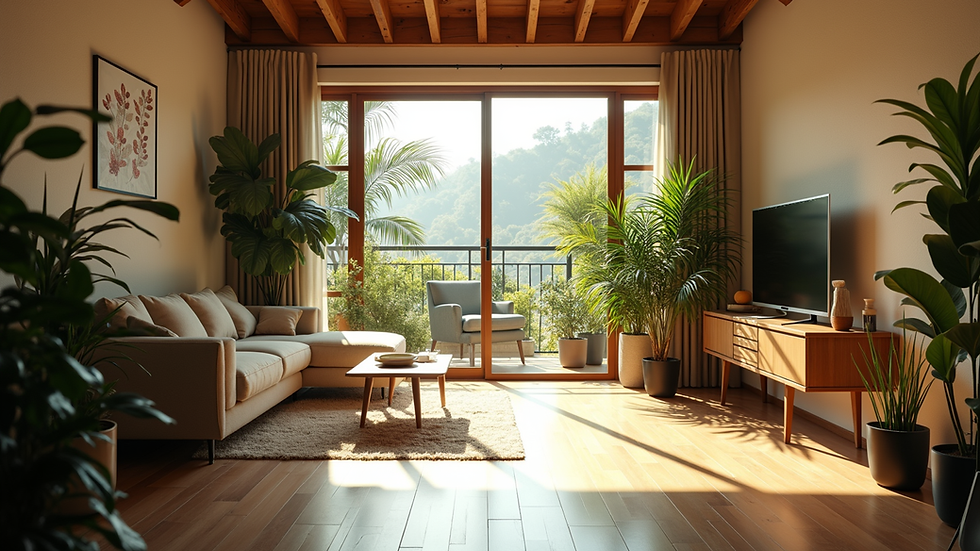 Vista aérea de sala de estar com plantas e iluminação natural