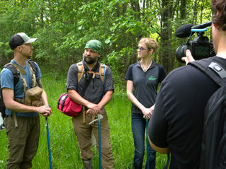 Image of researchers and content creators standing in a wooded area giving an interview