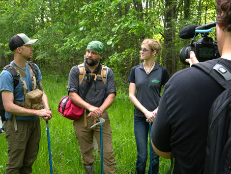 Image of researchers and content creators standing in a wooded area giving an interview