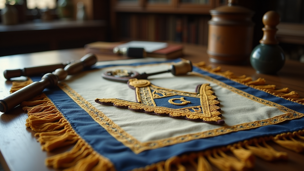 Close-up view of a Masonic apron and tools on a wooden table
