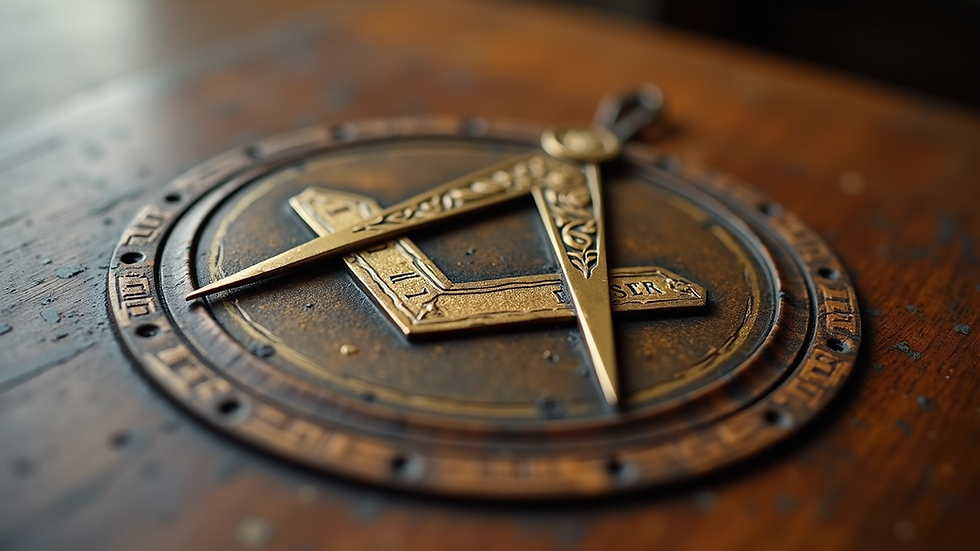 Close-up view of a Masonic square and compass symbol on a wooden table