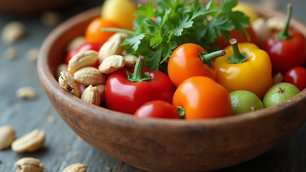 Close-up view of a bowl filled with colorful fresh vegetables and nuts