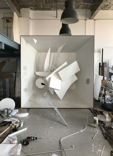 BAU_HAUS, 2019 (WIP)
cardboard, wood, aluminum, acrylic and spray paint 
250 x 250 x 250 cm
