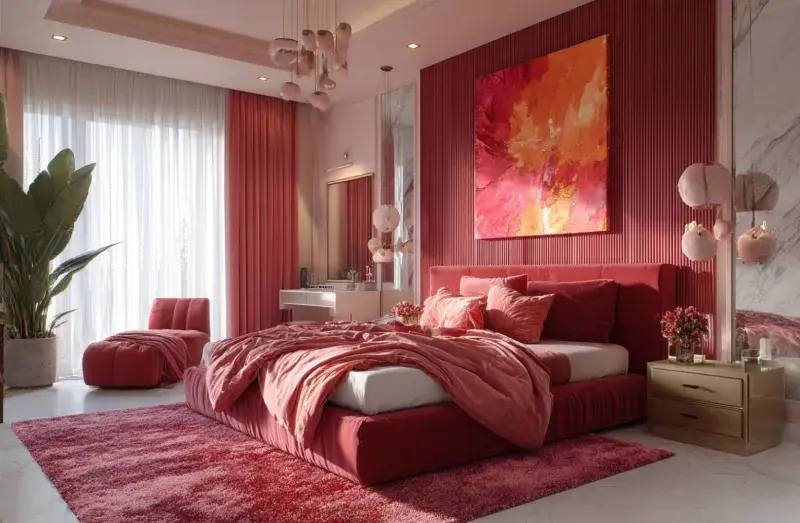 AI-generated modern bedroom design featuring a pink and coral color palette, low platform bed with plush bedding, textured accent wall, abstract artwork, soft pendant lights, and elegant vanity area.