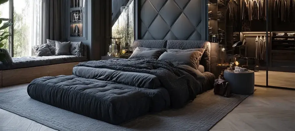 AI-generated luxury bedroom design featuring a dark color palette, low platform bed with layered bedding, quilted accent wall, cozy window seating, and a modern walk-in closet with warm ambient lighting.