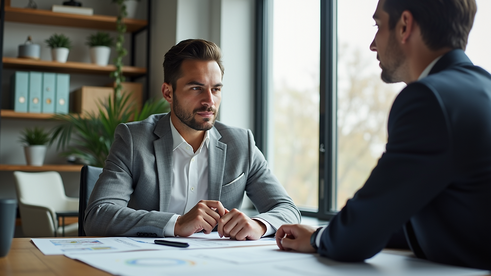 Eye-level view of a small business owner discussing marketing plans with a consultant