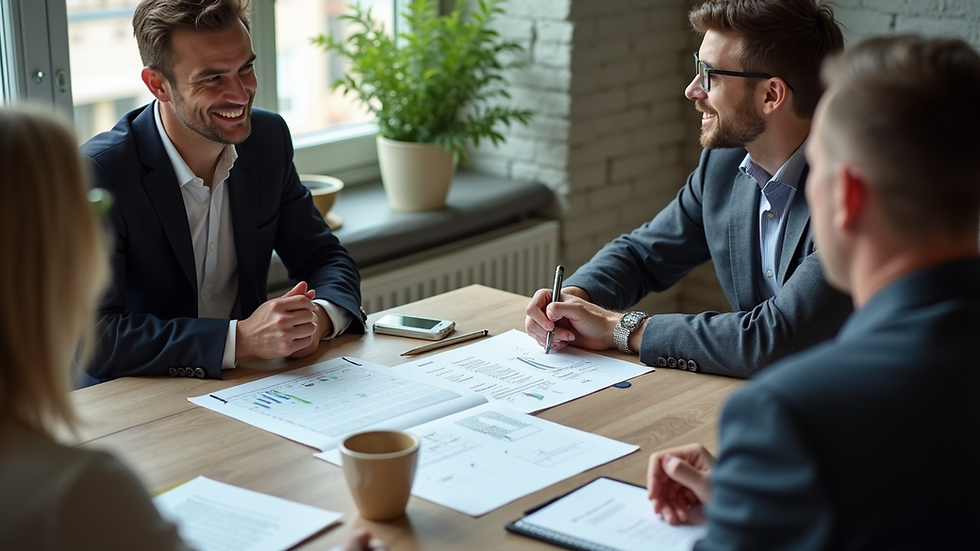 High angle view of a small business team brainstorming marketing ideas with a consultant