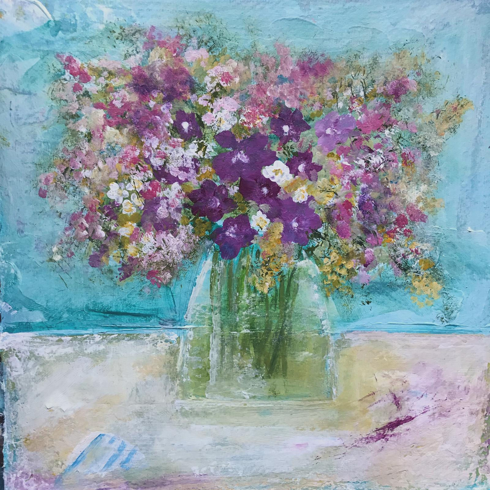 Original Painting acrylics on Rag paper A study of flowers in vases.