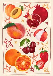 Summer fruits drawing, designed to be sold as greeting cards in a greengrocers.