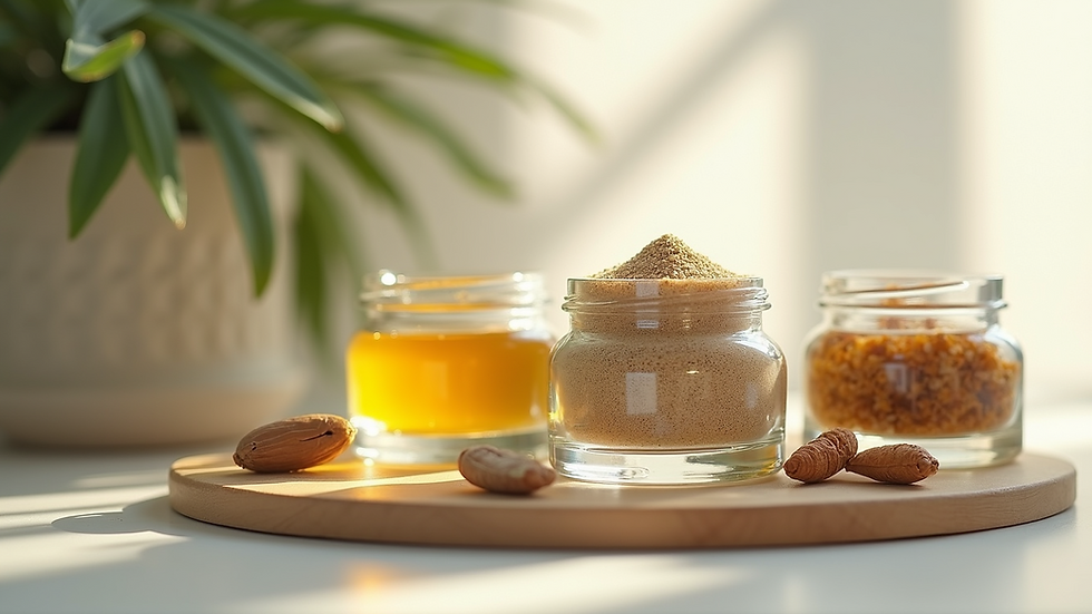 Close-up view of natural skincare ingredients in glass jars