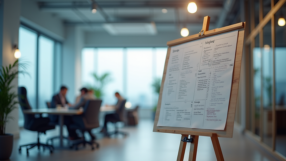 Eye-level view of a modern workspace with a focus on a strategic planning board