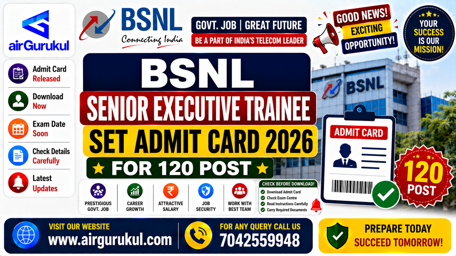 BSNL Senior Executive Trainee SET Admit Card 2026 for Telecom and Finance stream vacancies.