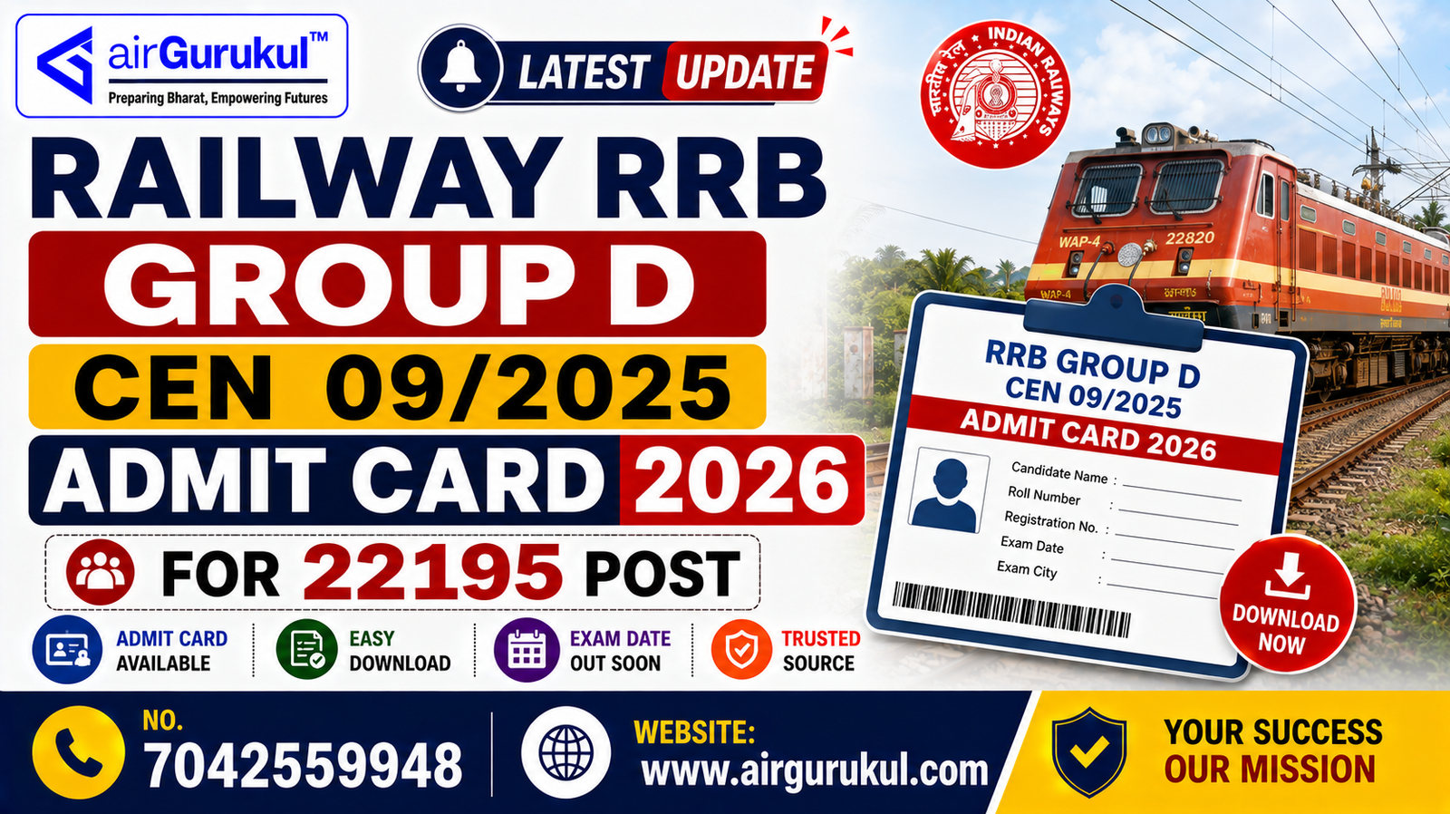 Railway RRB Group D CEN 09/2025 Admit Card 2026 for 22195 Level 1 Posts