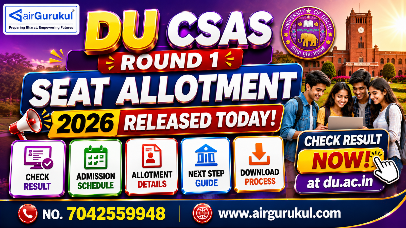 DU CSAS Round 1 Seat Allotment 2026 result and admission schedule