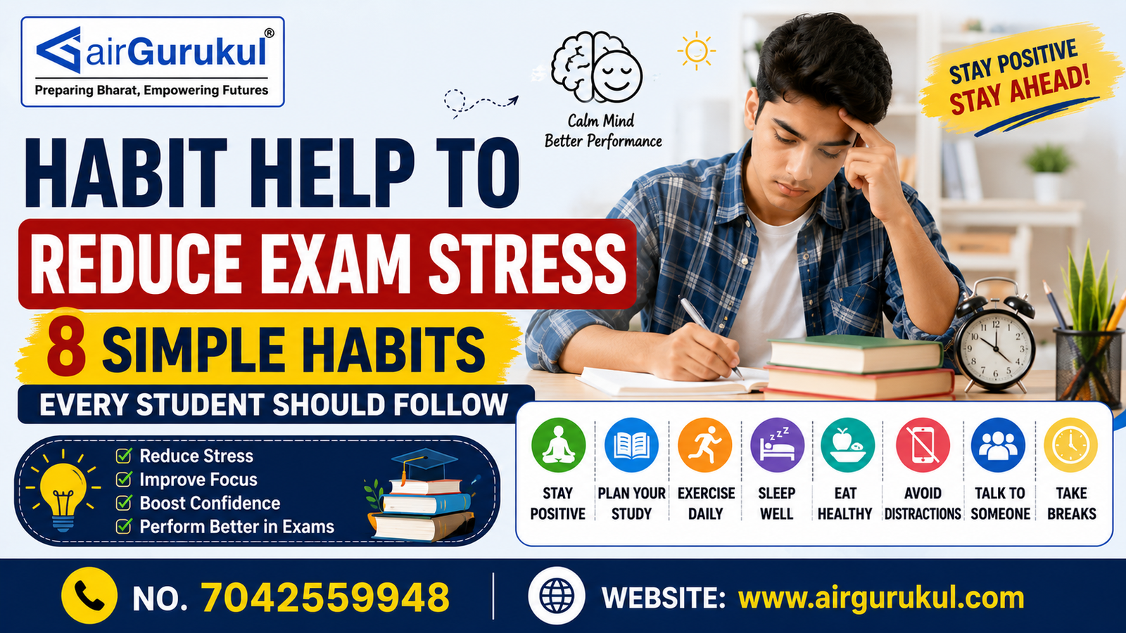 Student studying peacefully with healthy habits to reduce exam stress.