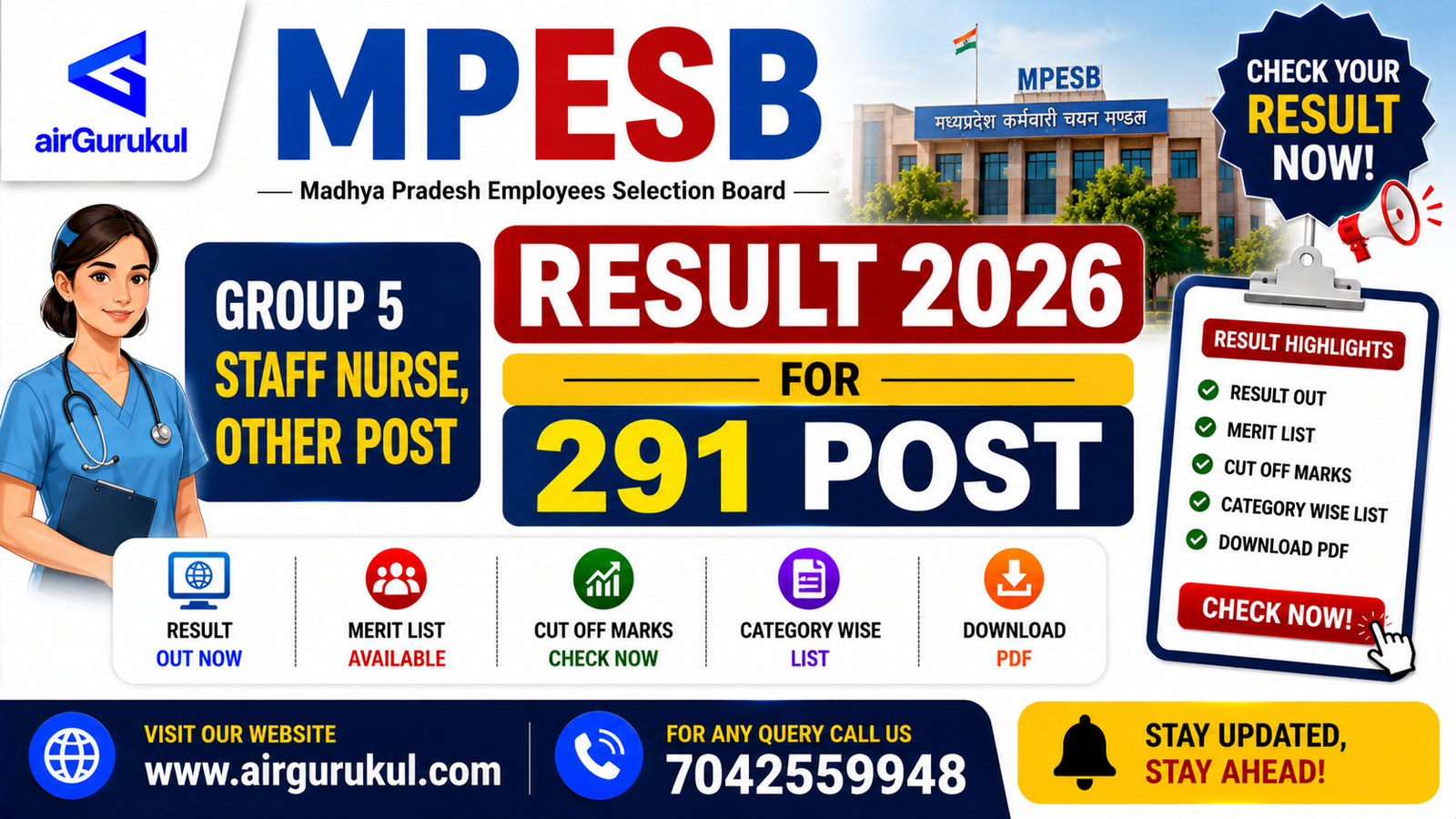 MPESB Group 5 Staff Nurse Other Post Result 2026 announced for 291 vacancies