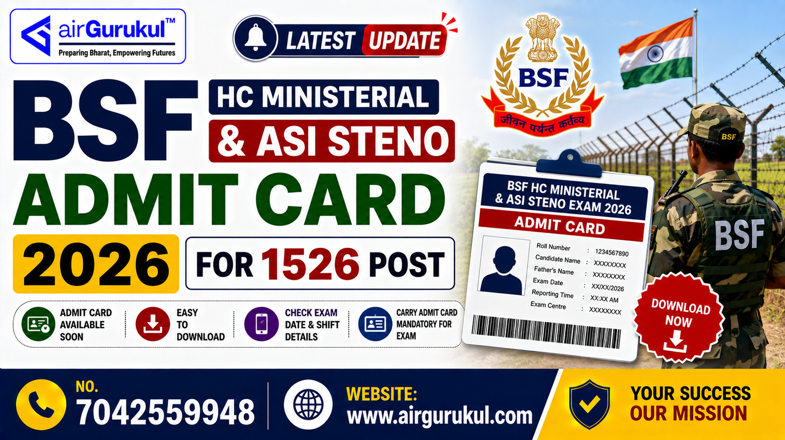 BSF HC Ministerial and ASI Steno Admit Card 2026 for 1526 posts