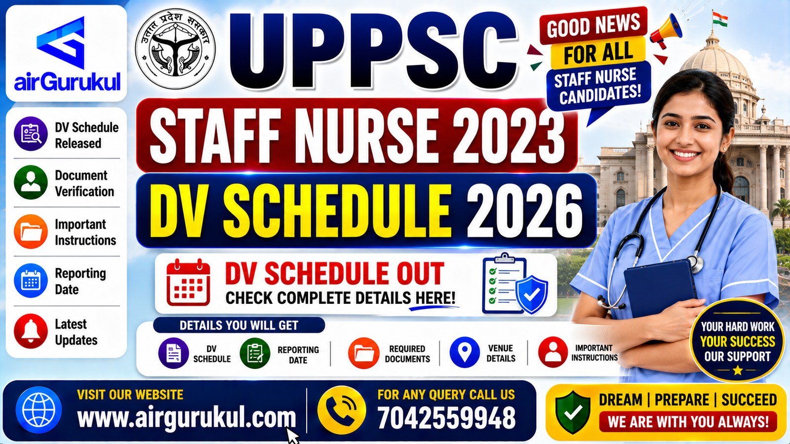 UPPSC Staff Nurse 2023 document verification schedule for 2240 vacancies.