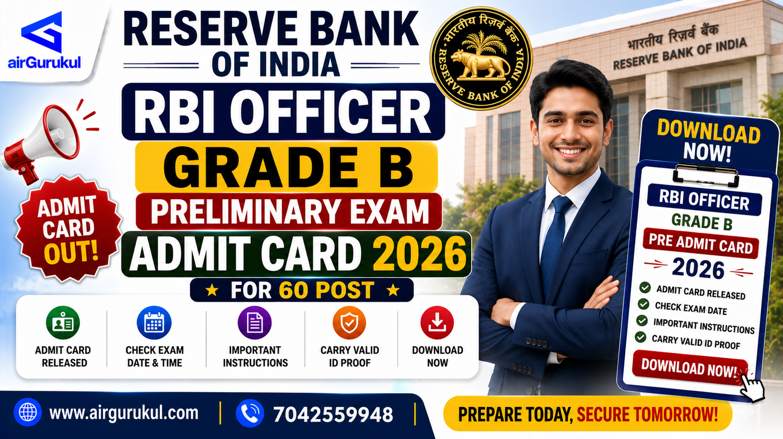 RBI Officer Grade B Pre Admit Card 2026 download for 60 vacancies