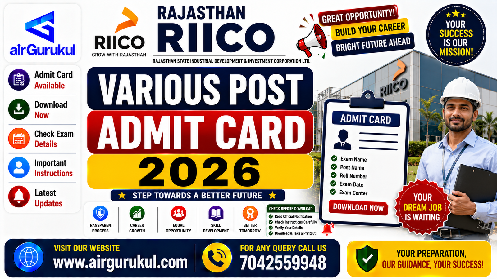 Rajasthan RIICO Various Post Admit Card 2026 for 121 government vacancies