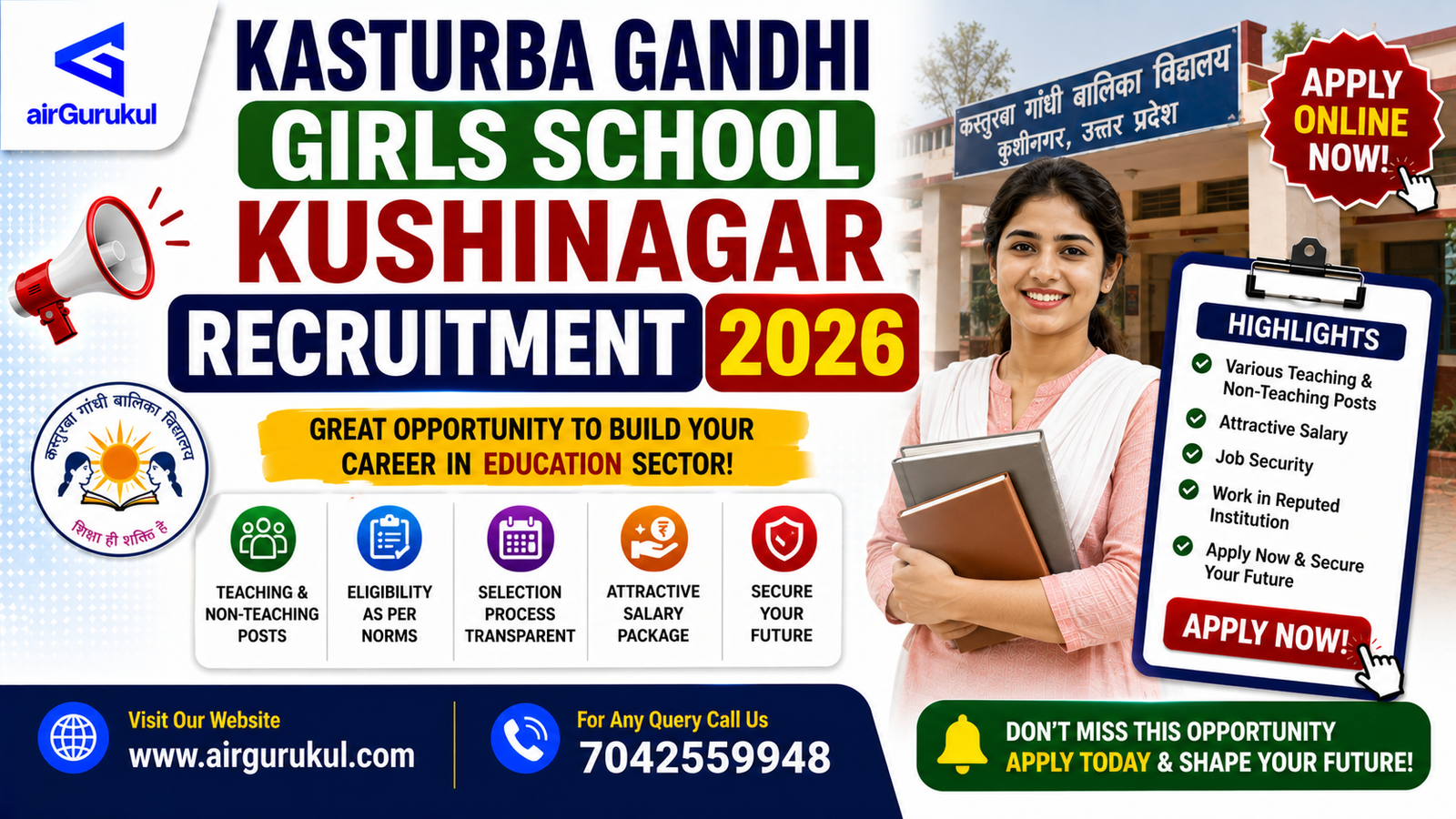 Kasturba Gandhi Girls School Kushinagar Recruitment 2026 offline application for 29 posts