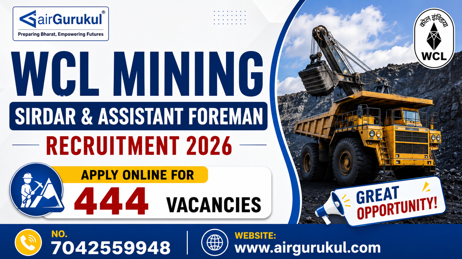 WCL Mining Sirdar & Assistant Foreman Recruitment 2026 Apply Online for 444 Vacancies