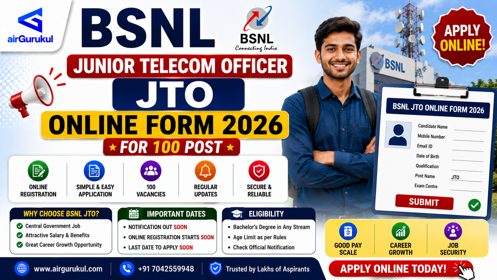 BSNL JTO Recruitment 2026 online application for 100 Junior Telecom Officer posts
