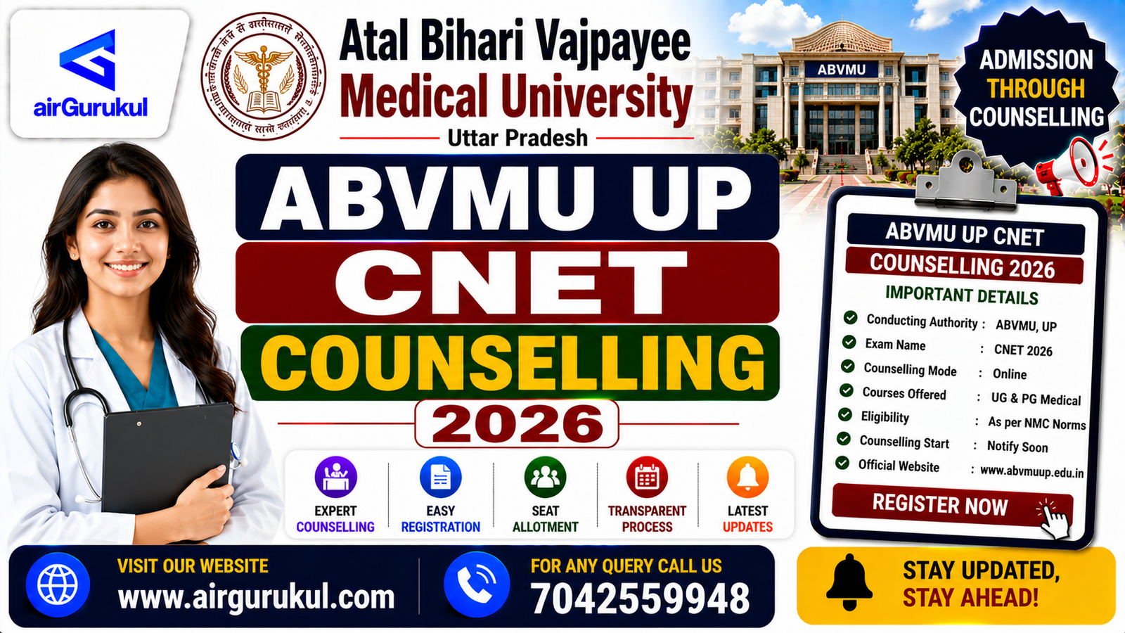 ABVMU UP CNET Counselling 2026 registration and admission process