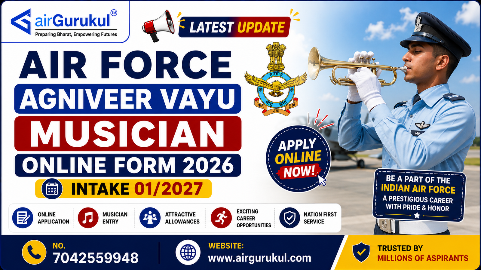 Air Force Agniveer Vayu Musician Online Form 2026 Intake 01/2027 recruitment notification.
