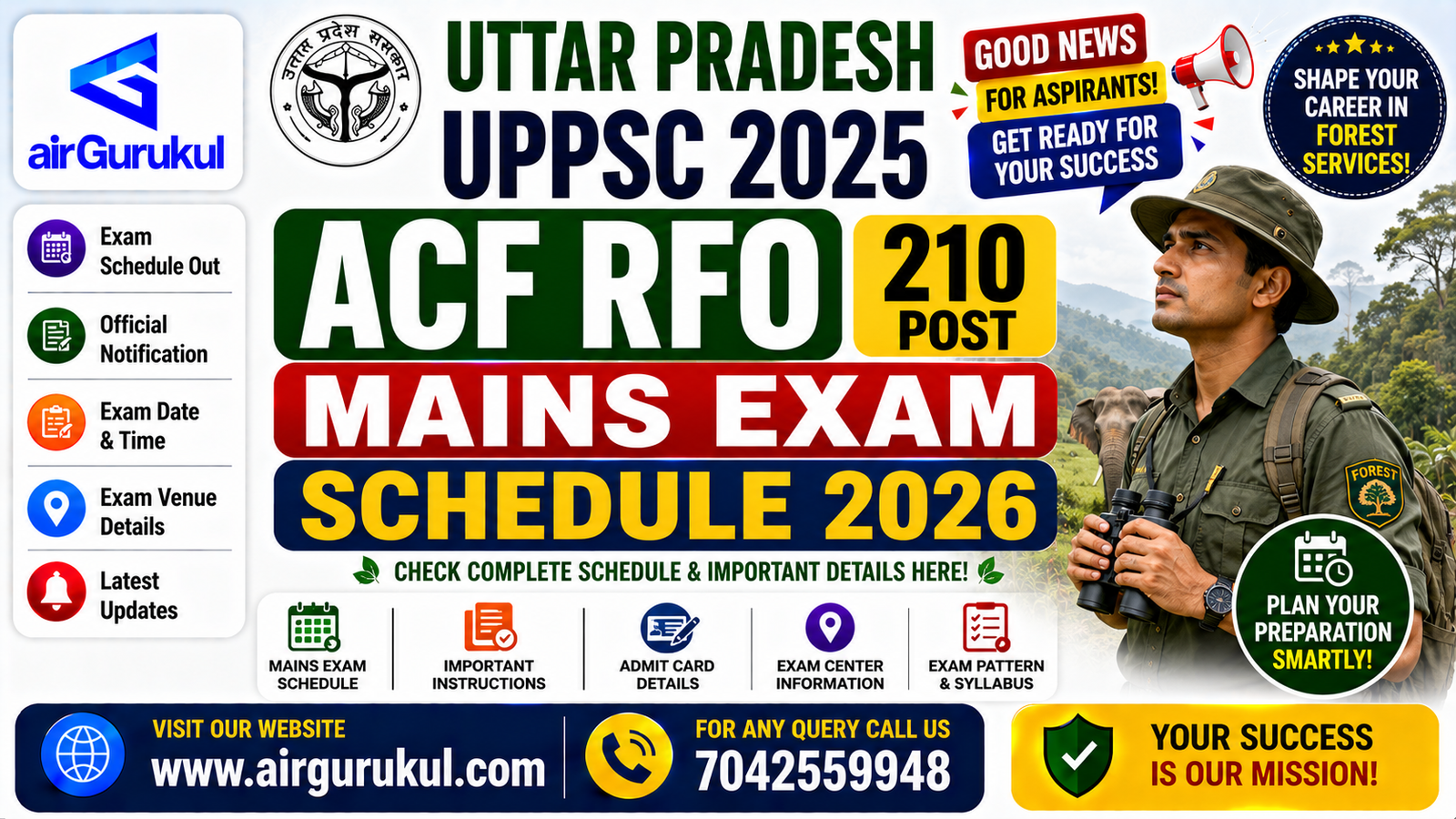 UPPSC 2025 ACF RFO mains examination schedule and recruitment details for 210 posts.