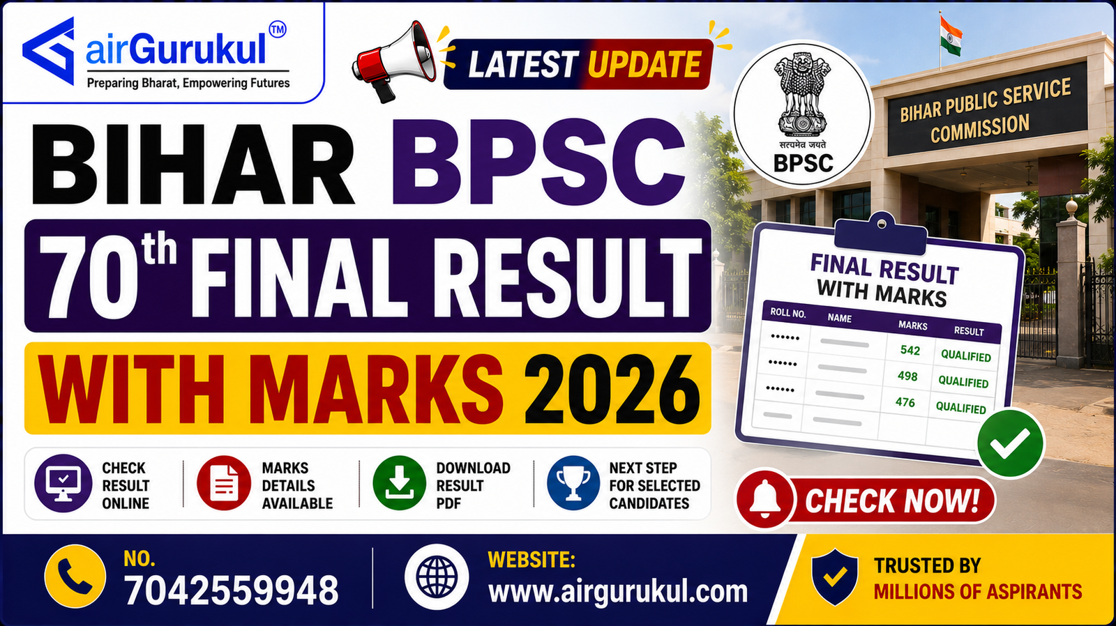 Bihar BPSC 70th Final Result with Marks 2026 Score Card Download for 1957 Posts