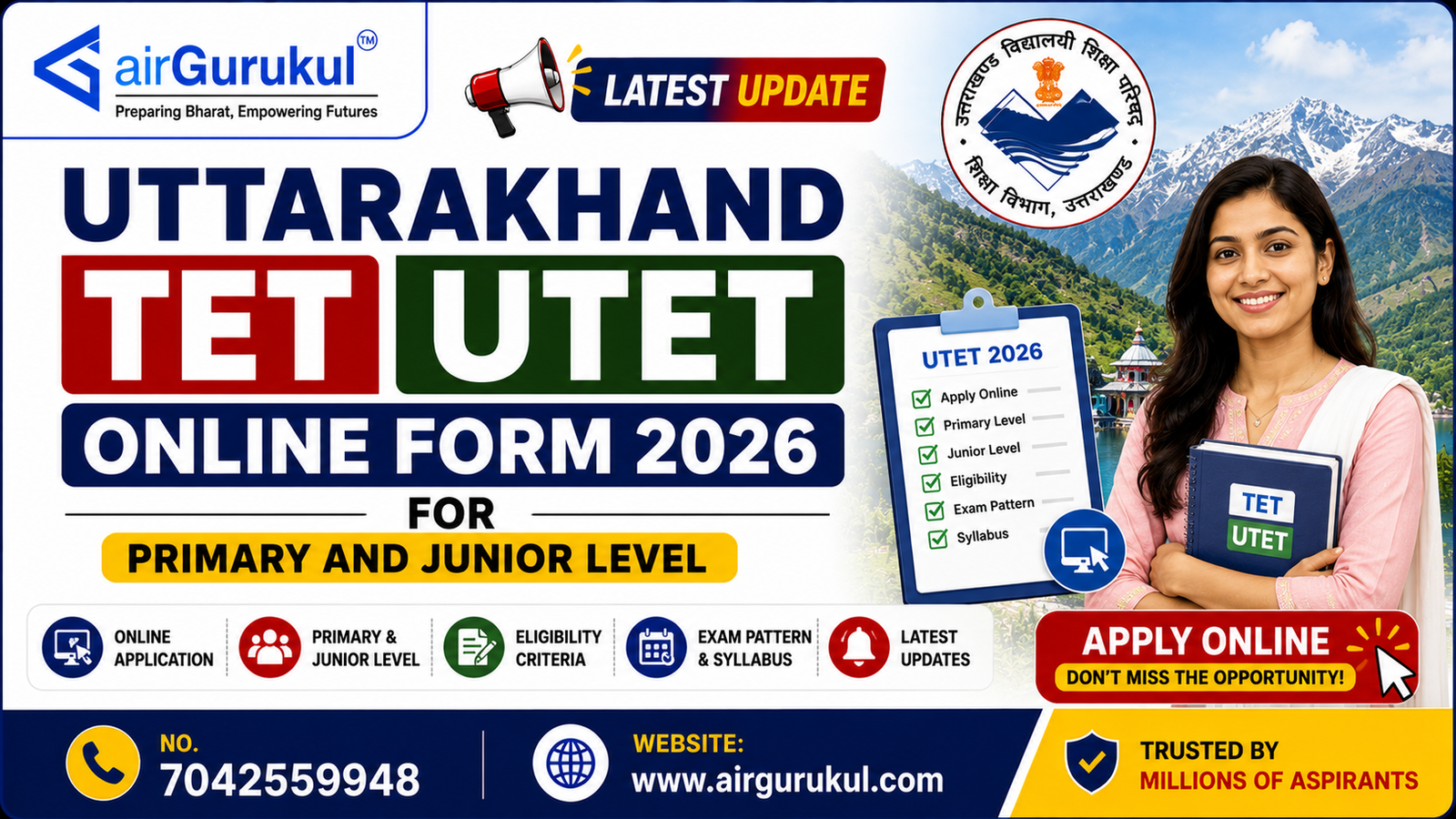 Uttarakhand TET UTET Online Form 2026 notification for Primary and Junior Level teacher eligibility exam.