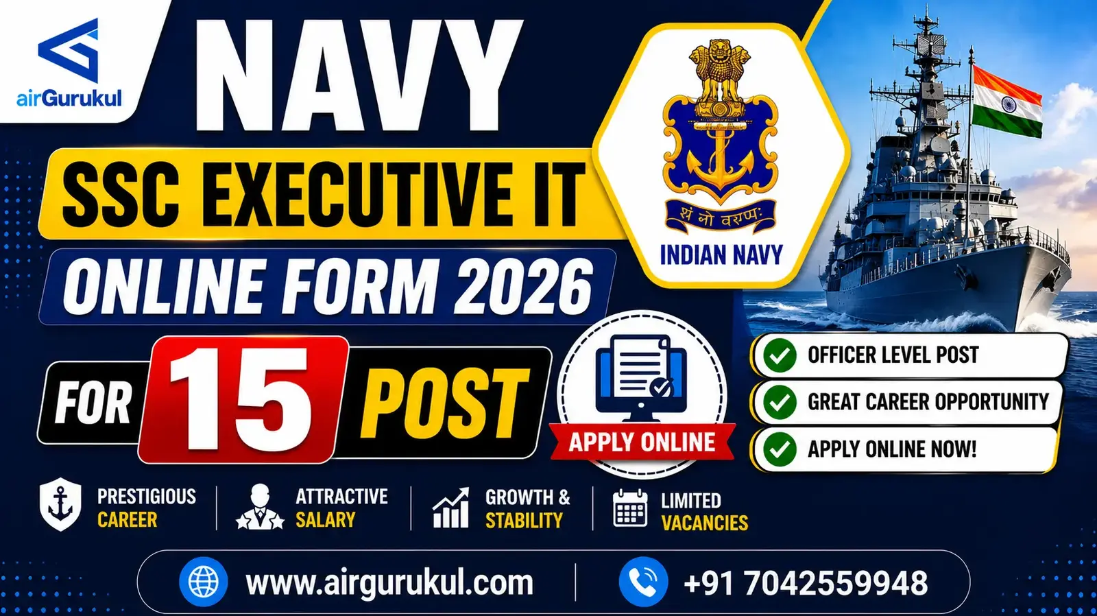 Indian Navy SSC Executive (Information Technology) Recruitment 2026 (Jan 27) Apply Online for 15 Post