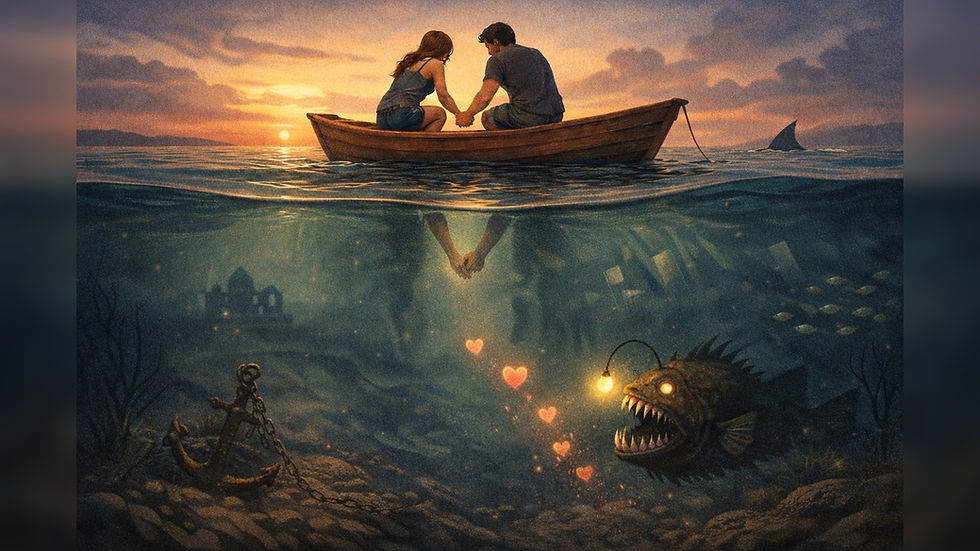 Couple holding hands in a small boat at sunset while beneath the water an anglerfish, anchor, submerged luggage, and glowing hearts symbolize the hidden depths of intimacy and relationships.