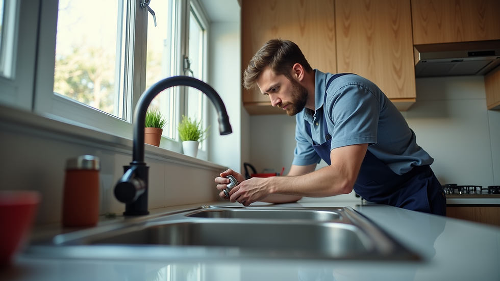 Eye-level view of a plumber fixing a kitchen sink in a modern home