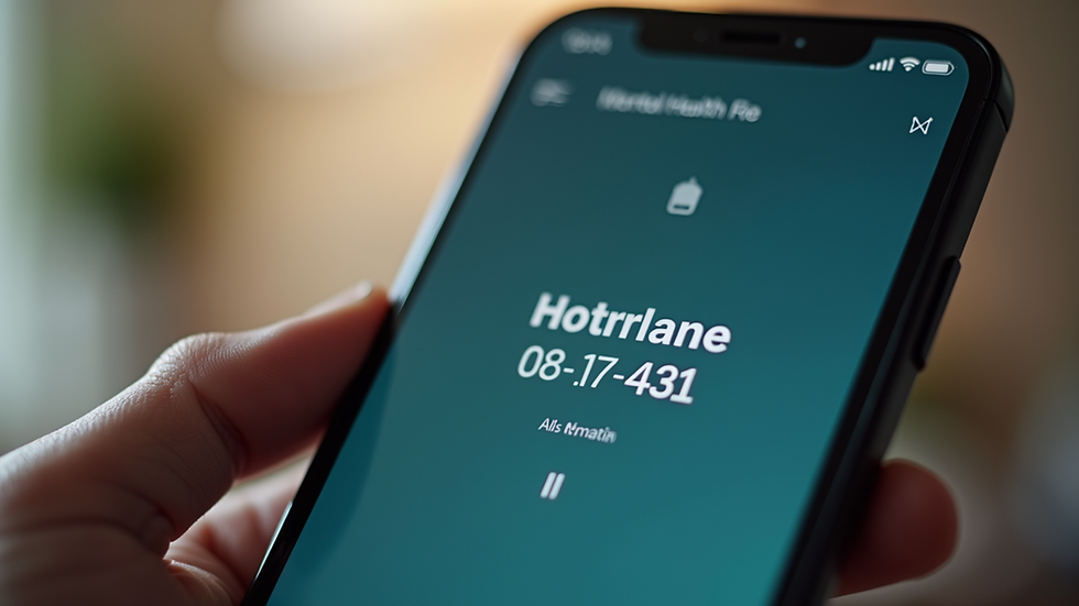 Close-up view of a phone displaying a mental health crisis hotline number