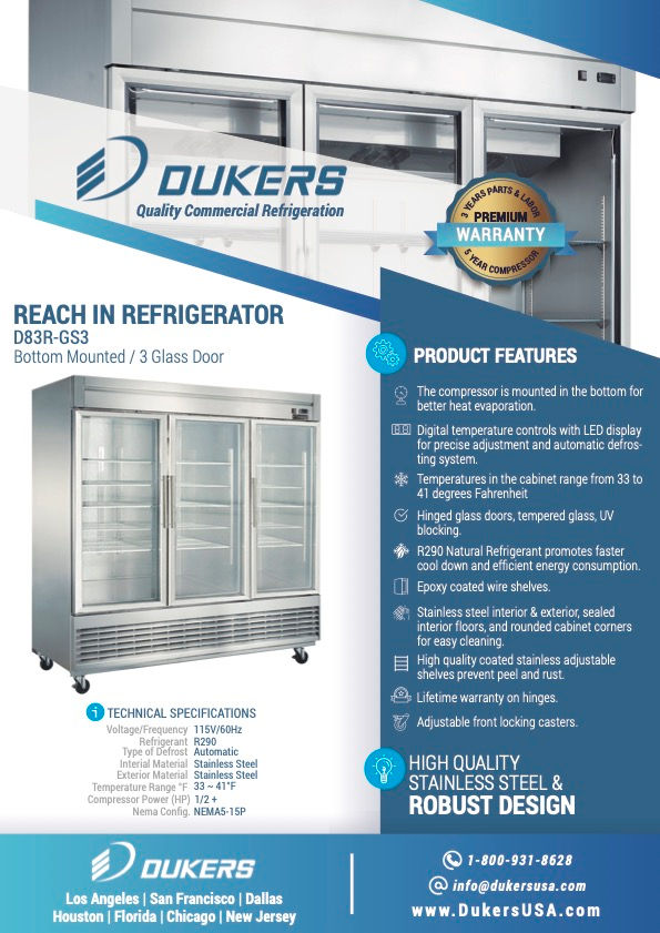 Thumbnail: Dukers Bottom Mount Glass Door Reach-in Refrigerator