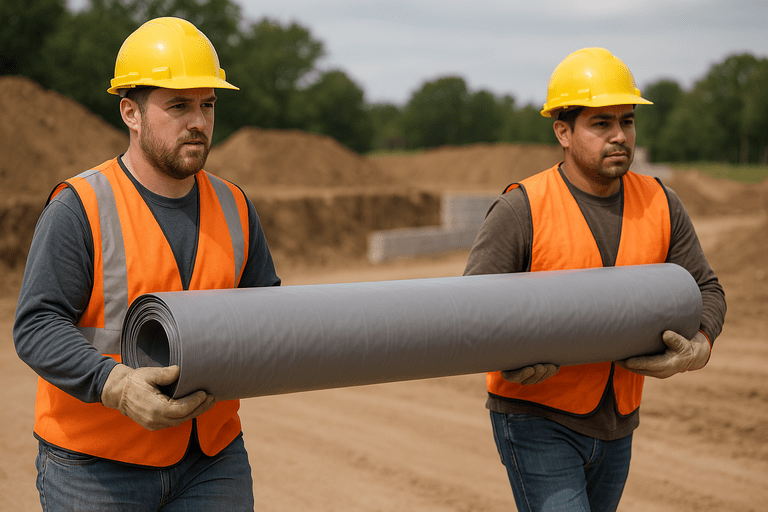 Two men carrying a gas barrier membrane